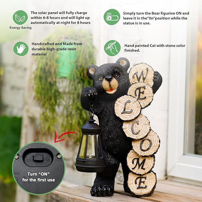 Garden Decor Solar Statues: Mothers Day Gifts for Mom Grandma Birthdays for Women Sister Wife Lady - Front Patio Balcony Yard Art Lawn Ornaments Porch Outdoor Outside Decorations (Bear)