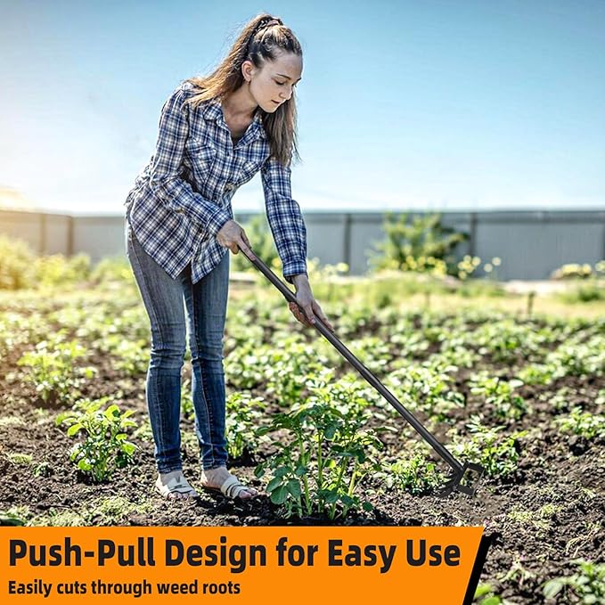 62.6Inch Action Stirrup Hoe Garden Tool Weed Puller with Adjustable Long Handle, Heavy Duty Hula Hoe and 4 Tines Rake 2 in 1 Gardening Tools Garden Cultivator for Weeding Soil Loosening, Black