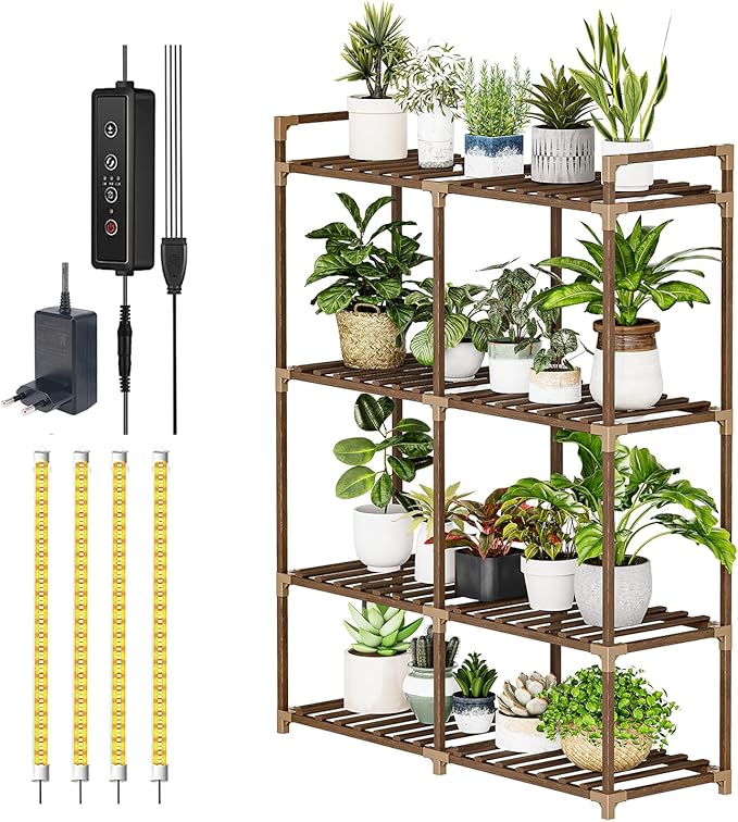 Bamworld Plant Stand with Grow Lights for Indoor Plants Wood Plant Shelf 4 Tier Large Flower Stand for Mutiple Plant Holder Rack for Patio Living Room Balcony