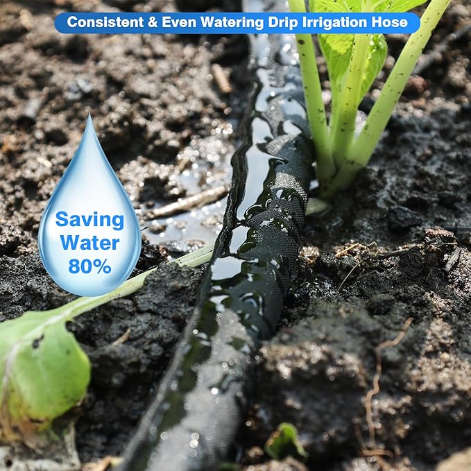 Flat Soaker Hose 50FT x 2 PACK,Drip Hose for Garden Beds Linkable Irrigation System Lightweight and Easy Watering for Tree Plant and Save 80% Water for You (100FT)