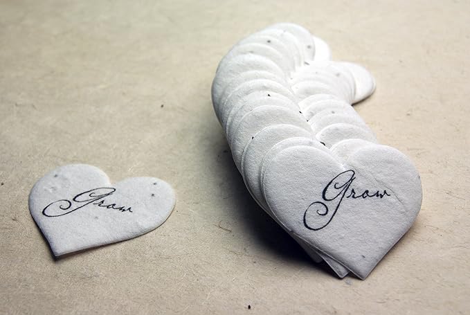 Of The Earth Handmade Paper - Wildflower Seed Paper Small Heart Tags - Calligraphy Variations - 1.75" X 1.5" - Set of 50 (Grow)