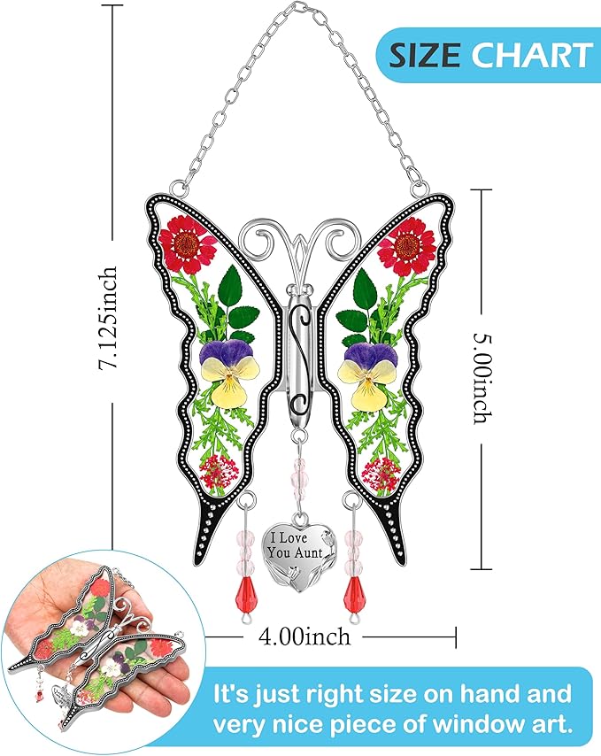 KY&BOSAM Butterfly Suncatcher I Love You Aunt Stained Glass Hanign for Window Catchers with Pressed Real Flower and Heart Charm Home Garden Decor Birthday Gifts for Aunt Mothers Day Christams Ornament