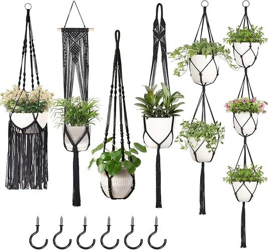 Mkono Macrame Plant Hangers, 6 Pack Indoor Hanging Planters for Plants with 6 Hooks Decorative Hanging Basket Flower Pots Holder Stand in Different Sizes for Modern Home Decor, Black