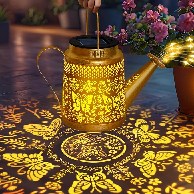 Solar Watering Can Lights Outdoor Garden Decor, Large Butterfly Hanging Lantern with Shepherd Hook, Waterproof Garden Lights for Outdoor Landscape Pathway Yard, Gift for Mom Grandma