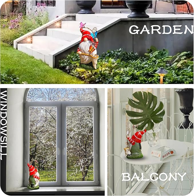 Solar Powered Gnome Garden Statue with Iron Butterflies - LED Lighted Garden Decorations, Resin Gnome with Butterfly Net, Gifts for Women and Men,Outdoor Decor Ornaments for Outside