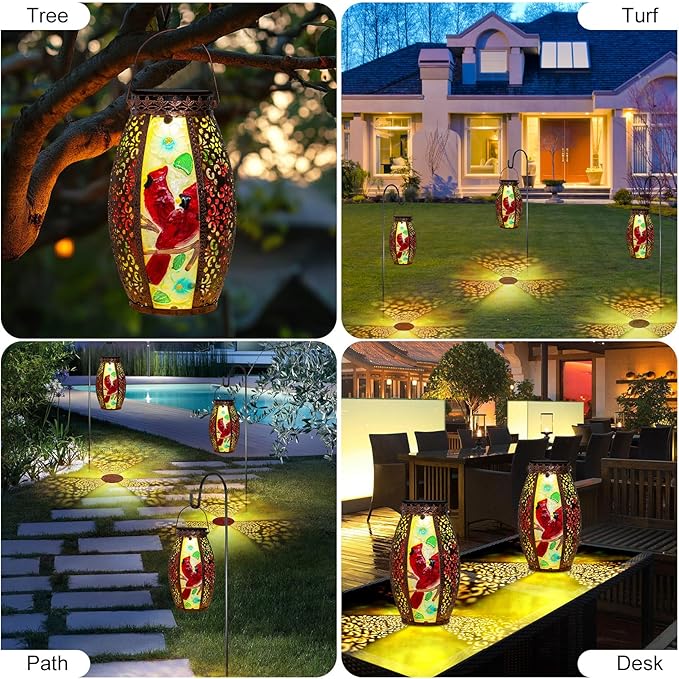 Outdoor Solar Lantern-Waterproof Two Cardinal Hanging Metal Decorative Lights for Patio Table Garden Pathway Yard with Super Bright Warm White LED, Large Solar Panels, Auto On/Off Sensor
