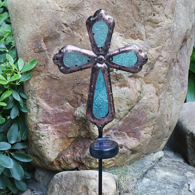 KAIXOXIN Solar Power Cross Stake Warm White Color Florals Solar Lights Garden Decor Memorial Gift Cemetery Decoration LED Outdoor Landscape Light