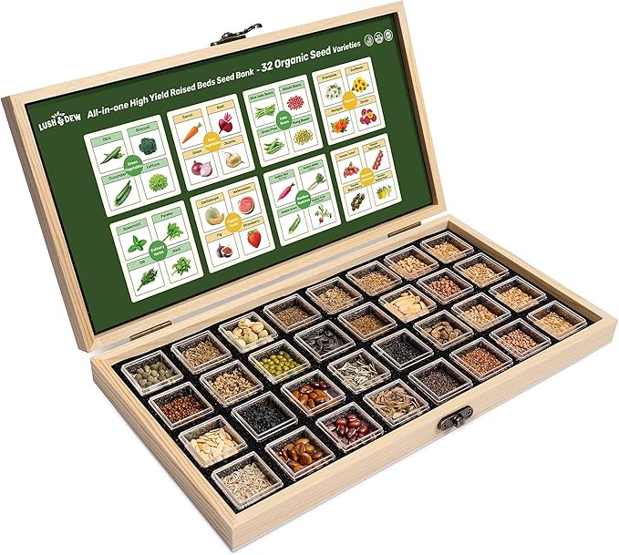 Lush&Dew Raised Garden Bed Seed Bank, 32 Varieties Non-GMO Seeds of Vegetables, Herbs, Flowers, Fruits, Gardening Gifts, Emergency Supplies, Survival Gear Food