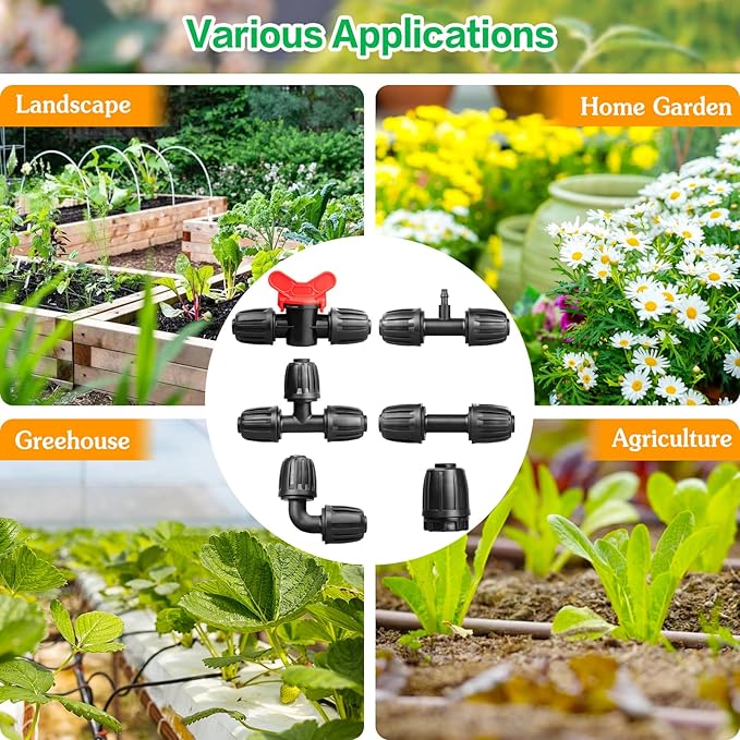 Drip Irrigation Fittings Kit for 1/2 Inch Tubing:1/2'' Drip Line Anti-Drop Barbed Locked Nut Connectors 18 Pieces Set Include 4 Couplings 4 Tees 2 Elbows 3 Valves 3 Reducing Tee 2 Plugs