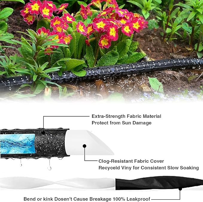 Flat Garden Soaker hose 25ft,Drip irrigation hose for garden beds,water hose with holes for flower beds,Saves 80% water.