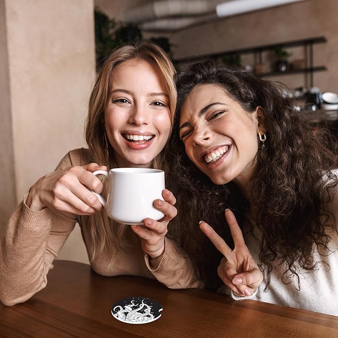 Octopus Tentacles Car Coasters,Ceramic Absorbent Cup Holders with Finger Notch & Cork Base Car Assecories for Women/Men 2.6"(2 Pieces)