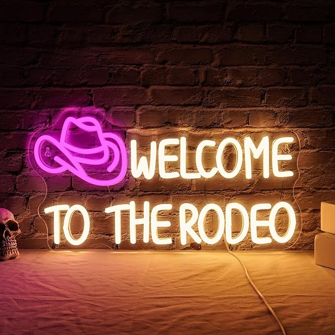 WLHOPE Welcome to The Rodeo Neon Sign Cowboy Hat Neon Sign Led Sign,Dimmable Cowgirl Neon Signs for Wall Decor,Connectivity Via USB Licked Neon Light for Bedroom Home Bar Club Party Western Decor
