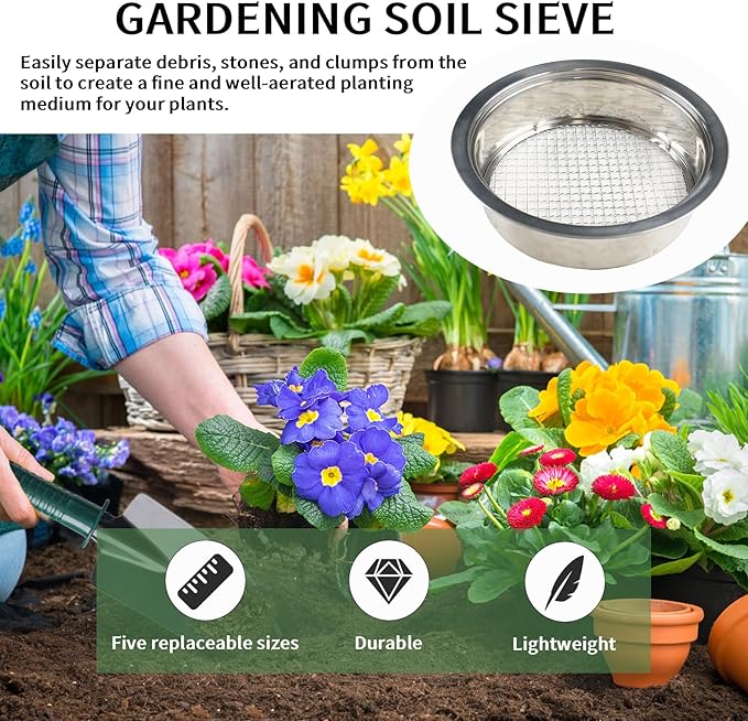 Soil Sifter for Rocks Stainless Steel Compost Sifter with 5 Replaceable Mesh, Dirt Sifter for Gardening Soil Weed Sand Cat Litter Bonsai with Planting Mat,Shovel,Gloves
