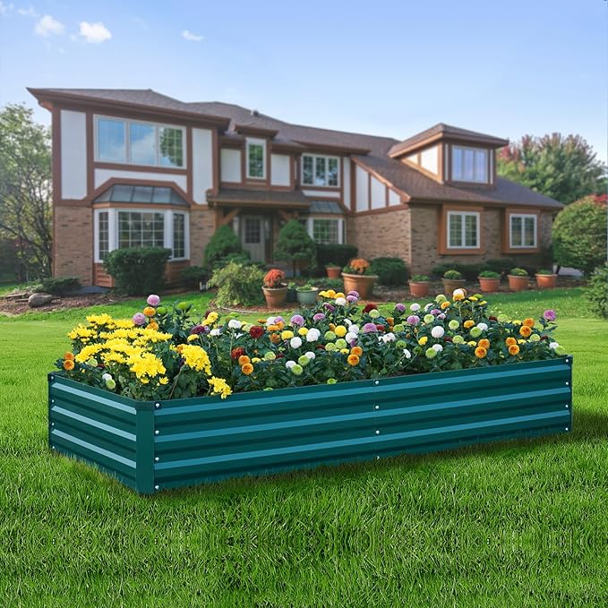 Raised Garden Bed Green, 6x3x1ft Galvanized Raised Garden Beds Outdoor for Vegetables Flowers, Raised Bed Planter Box, Metal Raised Garden Bed Kit with Gloves and 3ftx30ft Weed Barrier Fabric