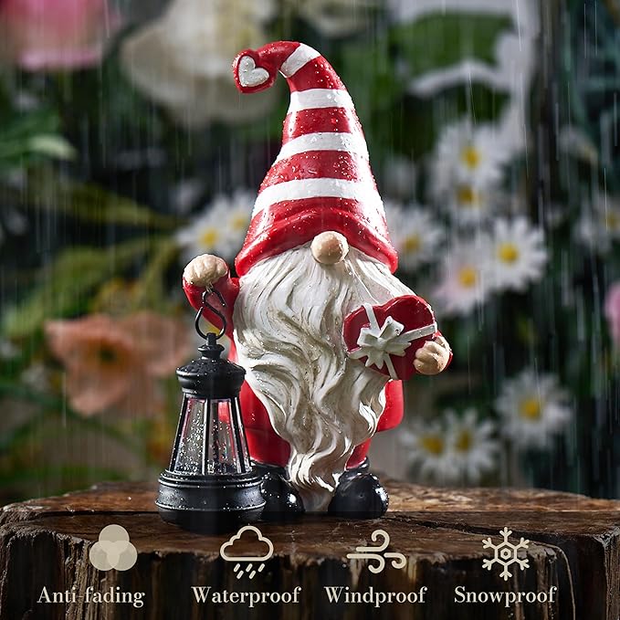 TERESA'S COLLECTIONS Christmas Valentine's Day Decorations for Outdoor Decor, Resin Garden Gnome Holding Gift & Lantern with Solar Lights Outdoor, Garden Decor for Outside Valentine Gifts, 7.87"