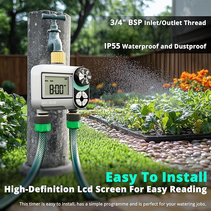 2 Zone Sprinkler Timer, Programmable Hose Timer with Brass Inlet & Outlet, Water Timer for Garden Hose with Rain Delay/Manual Watering/Automatic Irrigation Controller System for Yard, Lawn
