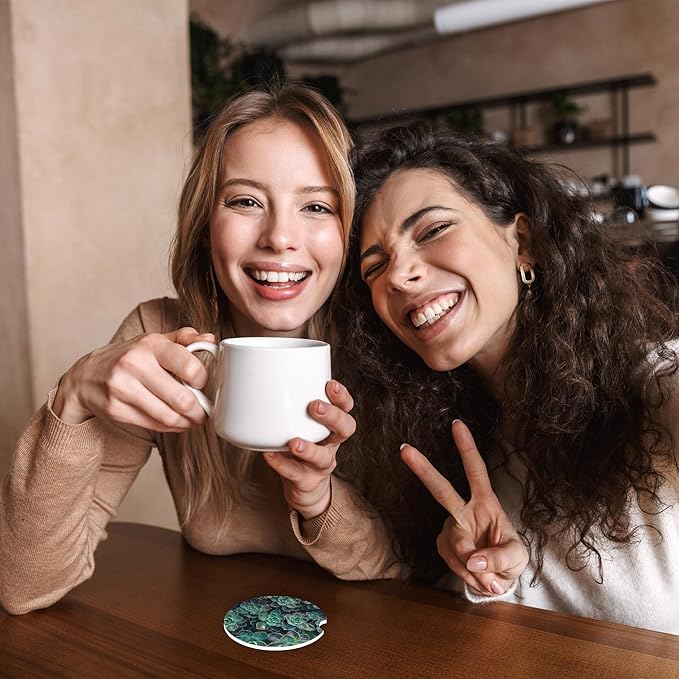 Succulent Floral Plant Flower Car Coasters,Ceramic Absorbent Cup Holders with Finger Notch & Cork Base Car Assecories for Women/Men 2.6"(2 Pieces)