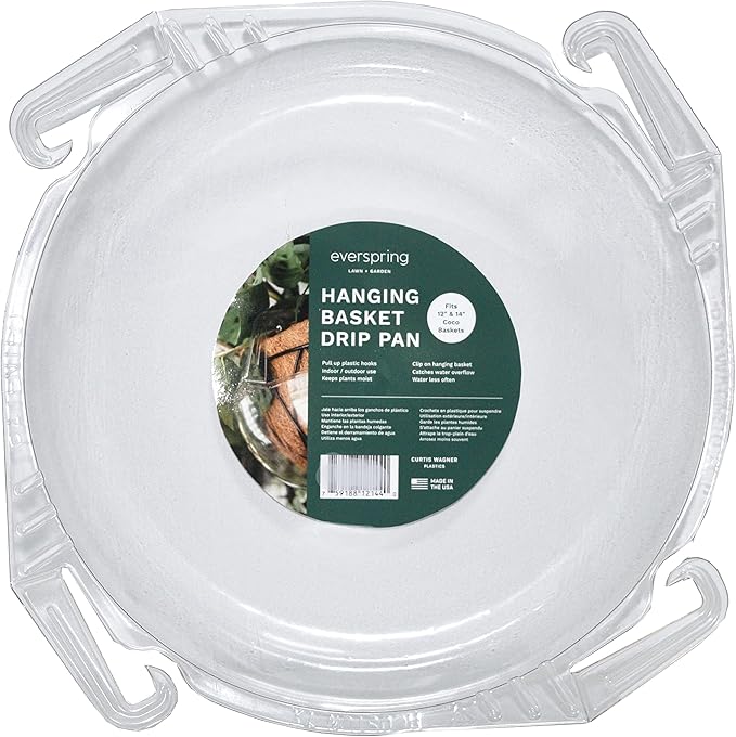 Curtis Wagner Plastics Wire Coco Hanging Basket Drip Pans (5-Pack) | Clear, Round (12” - 14" Top, 3.75" Depth) Hanging Plant Tray Saucer with Built-in Hooks & Water Catcher for Indoor & Outdoor