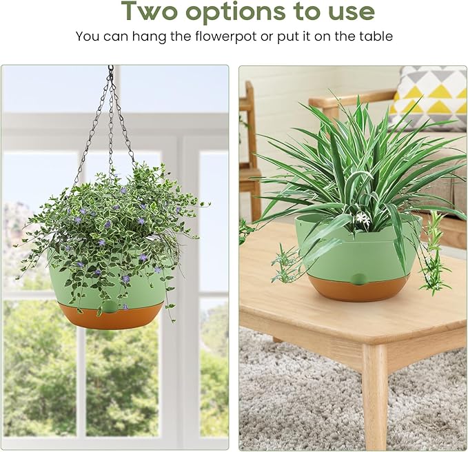 10 Inch Hanging Planter, 2 Pack Hanging Plastic Plant Self Watering Pot with Drainage Holes & Saucers, Hanging Baskets Flower Pots for Indoor Outdoor Garden Plants and Flowers-Green