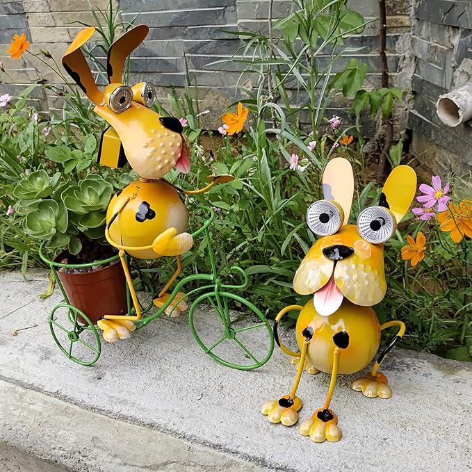 Dog Solar Lights Outdoor,Yard Art Metal Dog Statues,Outdoor Funny Dog Statue for Garden Decor Yard Lawn Ornaments