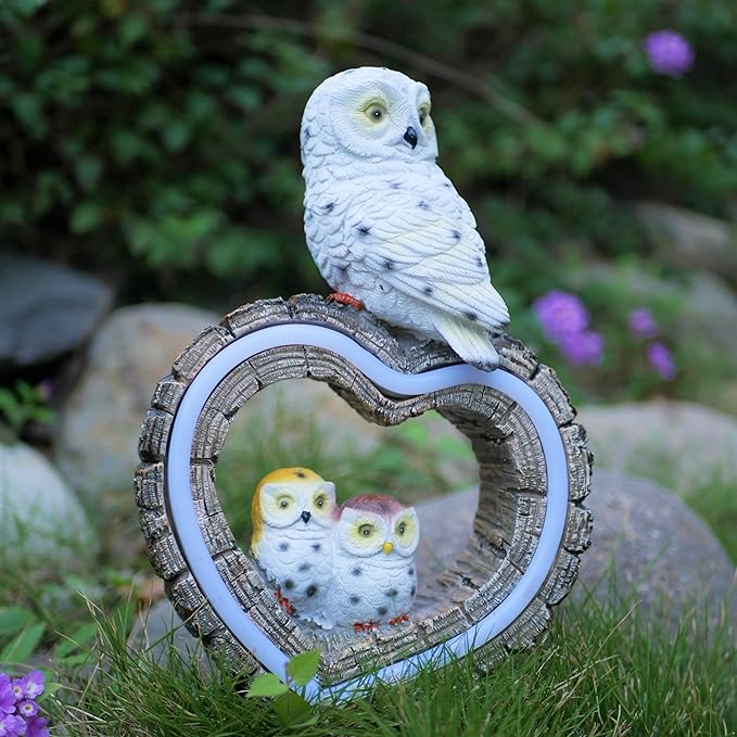 Solar Garden Lights, Solar Sculpture LED Lights, Outdoor Waterproof Handmade Resin Statue, Love Statue Decoration for Path, Yard, Lawn, Gift for Mom Christmas (White Love Owl)