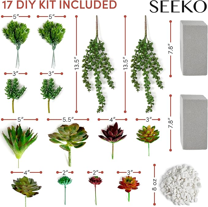 Succulents Plants Artificial (17 Pack) - Realistic Unpotted Fake Succulents - Faux Plants Decor for DIY - Includes a Premium Set of Stones and Floral Foam Blocks