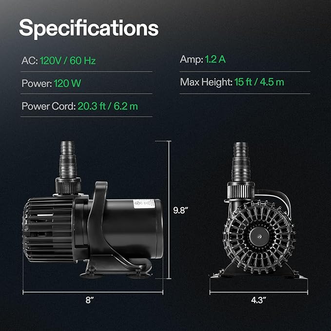 VIVOSUN 2700 GPH Submersible Water Pump, 120W Pond Pump, Ultra Quiet Aquarium Pump with 15FT. Lift Height for Pond Waterfall, Fish Tank, Statuary, or Hydroponics