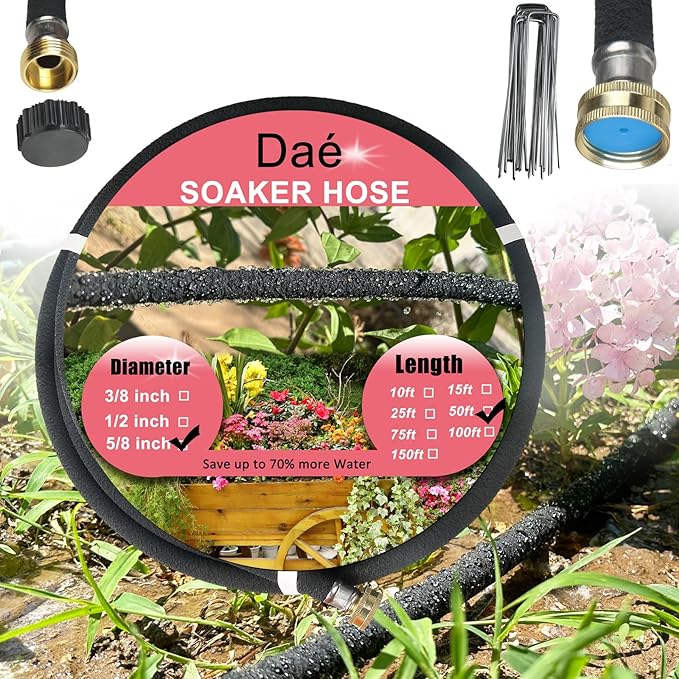 Rubber Soaker Hose, 5/8 inch, 50ft Garden Hose for Irrigation,Water-Saving up to 70%, Aluminium Connector Leak-Proof, Heavy-duty Hose, Watering for Trees,Lawns, Vegetables and Flowers.