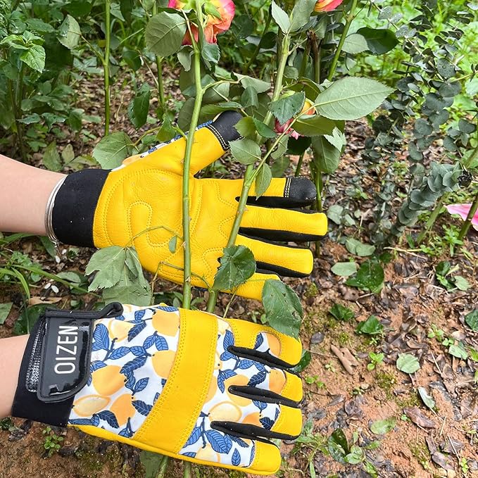 2 Pair Cowhide Leather Thorn Proof & Puncture Resistant Gardening Gloves for Women and Men, Touchscreen Compatible Working Gloves for Weeding, Digging, Planting, Gardening Gifts for Women (Large)
