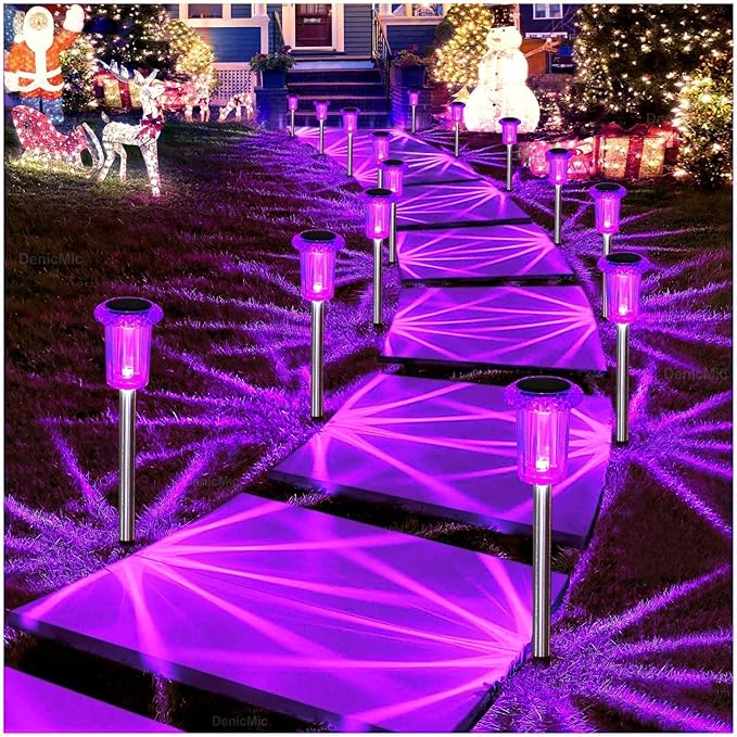 DenicMic Solar Lights Outdoor Pathway Lights LED Waterproof Acrylic Lamp Head Stainless Steel Stake for Yard Garden Landscape Path Walkway Driveway Patio Lawn (Purple 10Pack)