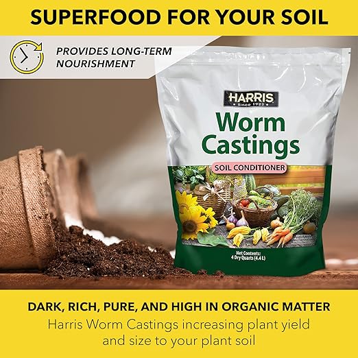Harris Worm Castings Organic Fertilizer - Soil Superfood for Houseplants, Flowers, and Vegetables, 4qt, 5lb Bag
