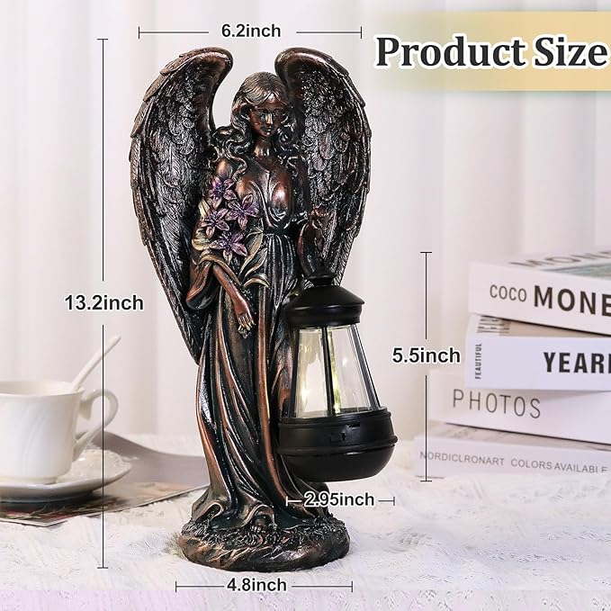 Solar Angel Outdoor Garden Decor Statues – 13.2 inches Solar Outdoor Sculptures for Outside Yard Art Patio Balcony Front Lawn Ornaments Gifts for Mom Grandma Women(Bronze)
