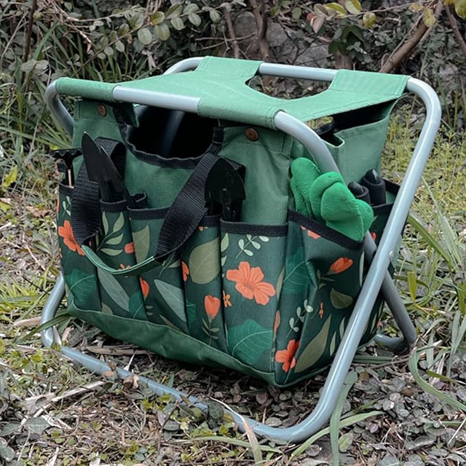 Folding Gardening Stool with Detachable Storage Tote Bag, Multifunctional Gardening Tools Set Organizer for Fishing and Camping,Portable Garden Chair Seat for Adults (Green Flower)