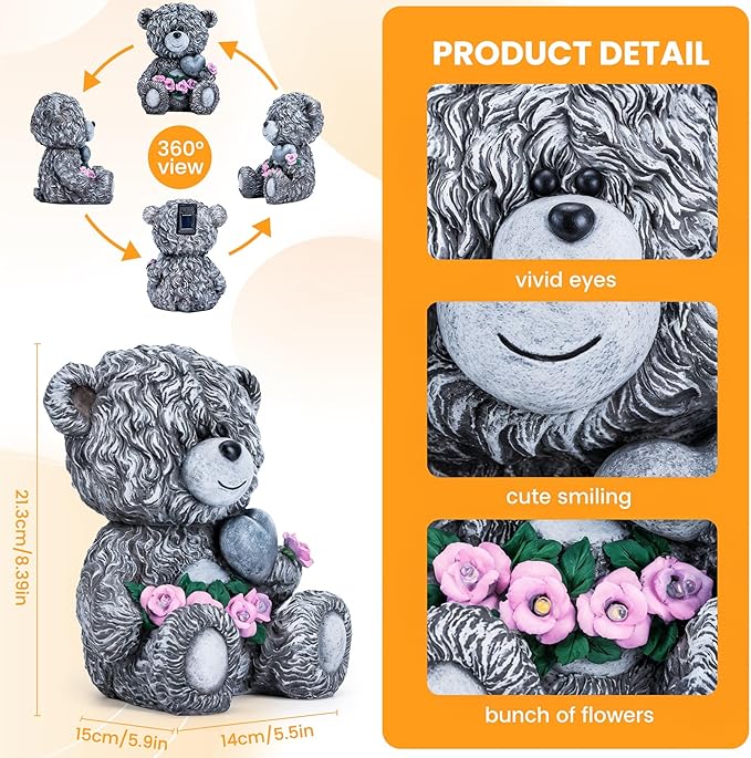 Solar Garden Outdoor Statues Bear with Heart and Pink Flower and 5 LED Lights-Lawn Decor Bear Statue for Patio, Balcony, Yard Ornament-Unique Valentine's Day and Housewarming Gifts for Mom, Women