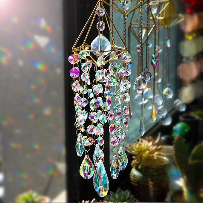 HDCRYSTALGIFTS Crystal Suncatchers for Window Hanging Wind Chime Style Garden Sun Catchers with Crystals Rainbow Maker Indoor Outdoor Decor Handmade Gold Plated