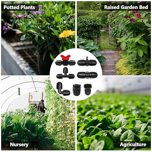 24 Pcs 1/2 Inch Drip Irrigation Fittings Kit, 1/2 Inch Drip Tubing (0.60"-0.65" OD) Parts Including 4 Tees 5 Couplings 4 Elbows 4 Reducing T 4 Plugs 2 Valves 2 Threaded Faucet Adapter