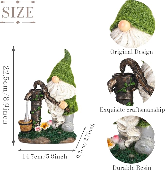 TERESA'S Collections Resin Garden Gnomes Decor with Solar Lights, Light Green Outdoor Decorations for Porch Patio, Gifts for Women and Men,Outdoor Garden Decor Ornaments for Outside, 9"
