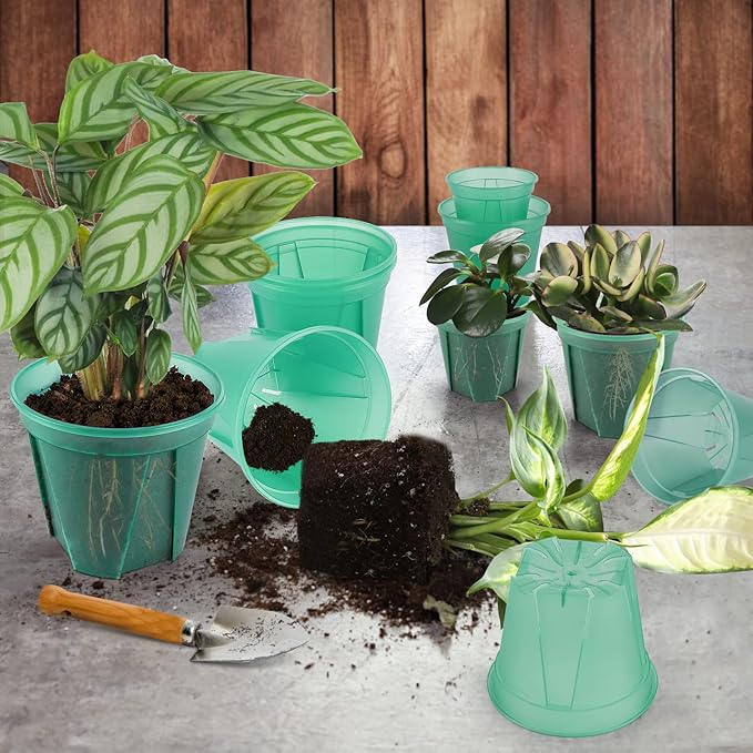 GREENPARA Green Transparent Plastic Planter 4/5 /6 inch Plant Nursery Pots with Drainage Hole Indoor Modern Decorative Containers for Plants with 10pcs Plant Labels, 12pcs