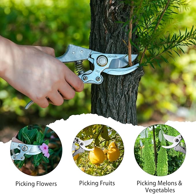 Goture Garden Shears 2Pcs, Pruning Shears for Gardening, SK5 Garden Shears Pruning, Silver Garden Scissors Tools