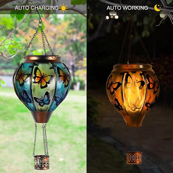pearlstar Hot Air Balloon Solar Lantern with Flickering Flame Light Outdoor Solar Hanging Lights Waterproof for Garden Yard Farmhouse Patio Pathway Outside Decoration,Glass(Butterfly)