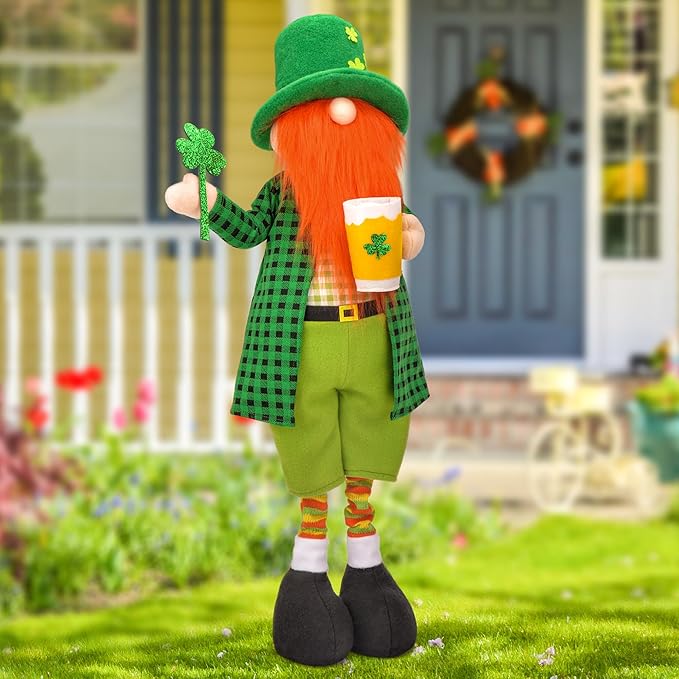 Large St Patricks Day Gnome Plush Decorations Outdoor, Cute Standing Saint Patricks Day Gnomes Gift Decor with Retractable Spring Legs, Placed Outside Yard/Porch/Garden/Indoor/Home/Office