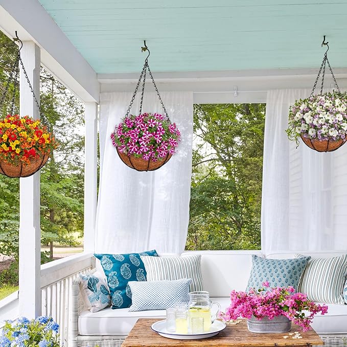 ZeeDix 3 Pack 12 Inch Metal Round Hanging Planter Basket with Coconut Liners Replacement, Hanging planters Baskets with Natural Coco Liner for Outdoor Indoor Planters Flowers Vegetables