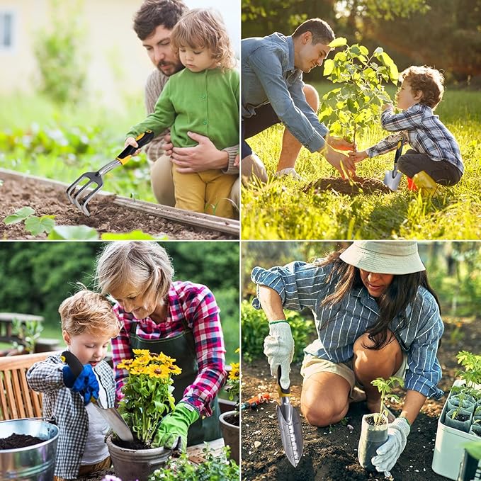 Garden Tools Set, 5 Pcs Gardening Tools with Non-Slip Rubber Grip, Including Transplanting Spade, Trowel, Cultivator, Pruner and Gardening Gloves, Ideal Garden Kit Gifts for Parents and Kids