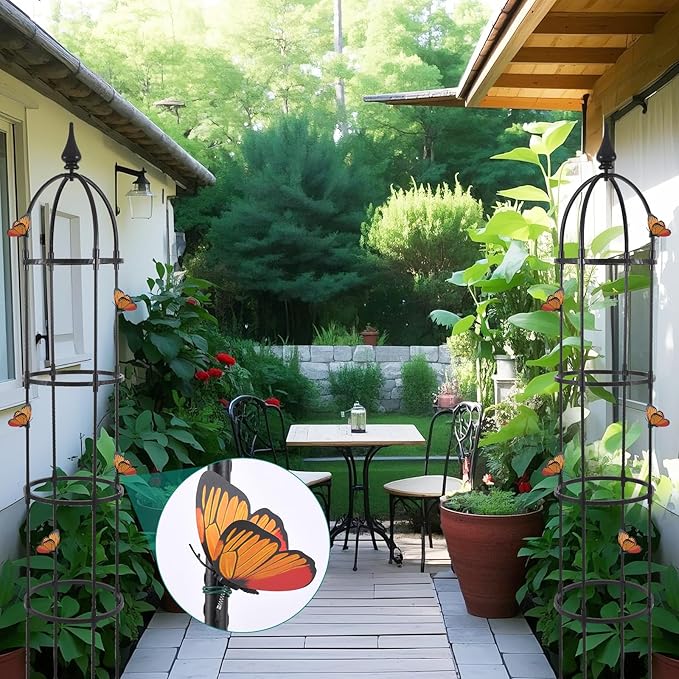 Obelisk Trellis for Climbing Plants Outdoor 6.6ft, Garden Tower Trellis for Potted Plants Indoor with Twist Tie, Clips and Butterflies Rustproof Coated Metal Support for Vines Rose 2Pack