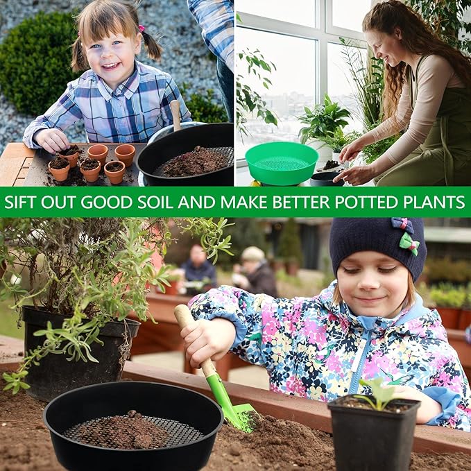 4 Pack Rock Garden Sieve Soil Sifter, Round Plastic Gardening Soil Sifting Pan Sand Sifter Set, Compost Sifter Rock Sifter Dirt Sifter for Small Gravel, Soil, Sand