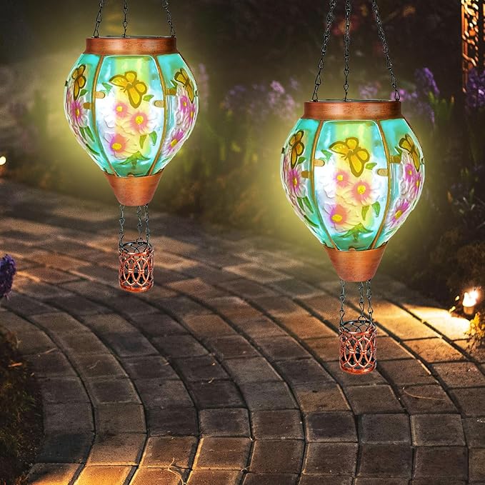 4 Pack Solar Hot Air Balloon Lantern with Flame, Butterfly Glass Outdoor Solar Lanterns for Outside Hanging Farmhouse Patio Pathway Decor, Butterfly Gifts for Women Grandma Mom - Butterfly