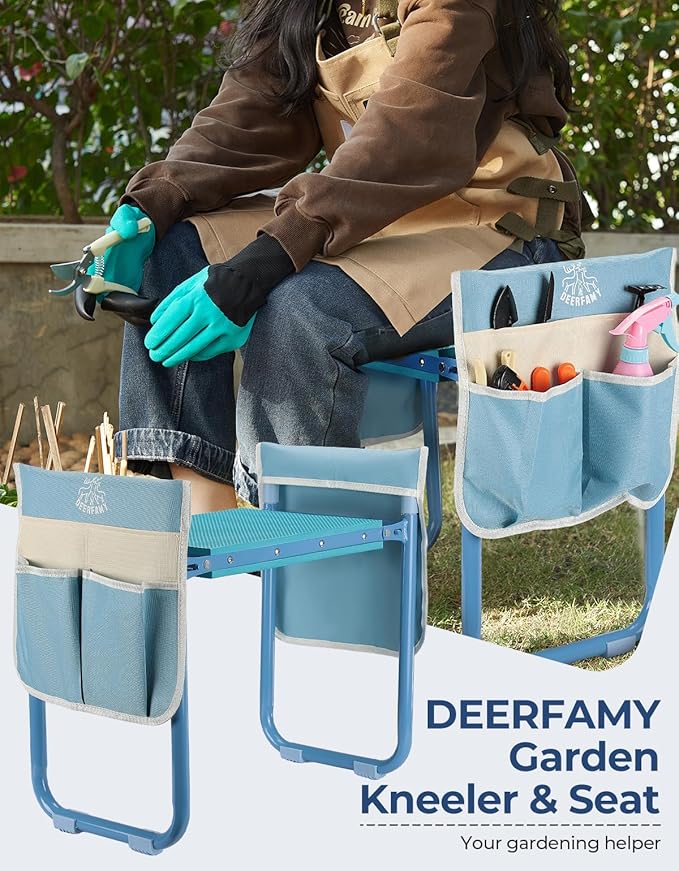 DEERFAMY Garden Stool 10.2" Width, Garden Kneeler and Seat Load Cap 350 lbs, Gardening Gift Heavy Duty with Extra Kneeling Pad, 2 Tool Pouches, Claw Gloves, Blue