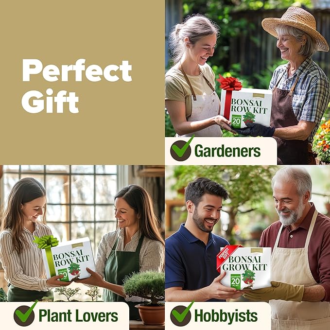 HOME GROWN Bonsai Tree Kit – Easy to Grow 4 Species of Bonsai w/Our Complete Plant Kit: Bonsai Pots & Peat Pellets Including a Bonus in-Depth Grow Guide - Great Gardening Gifts for Women and Men