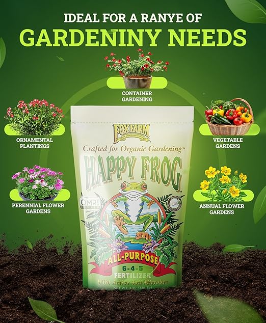FoxFarm Happy Frog All Purpose Fertilizer - with Active Soil Microbes - Fast Acting Organic Gardening Plant Care - Nutrient Rich Plant Food Outdoor and Indoor – NPK 6-4-5 (4 lb Bag)