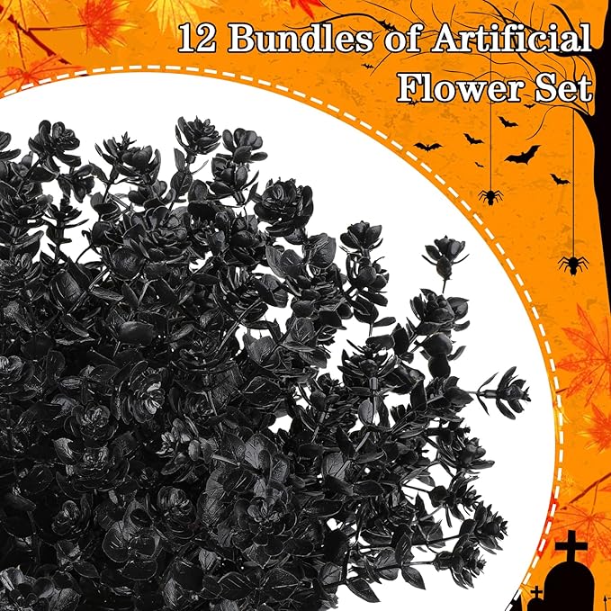 12 Bundles Black Artificial Flowers for Outdoor,No Fade Fake Plastic Flowers Faux Plants for Halloween Decor,Hanging Planters Decoration Indoor Outside Garden Porch Window Box Home Party